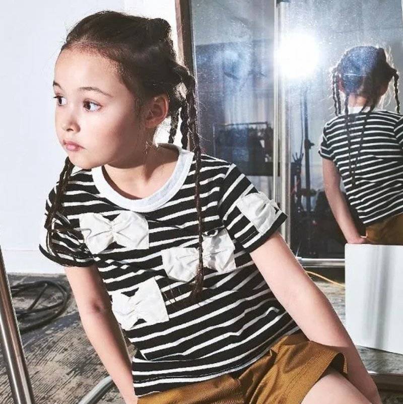 maarook「リボンアップリケ付きボーダーTシャツ」(90-140cm)  【メール便送料無料】の画像