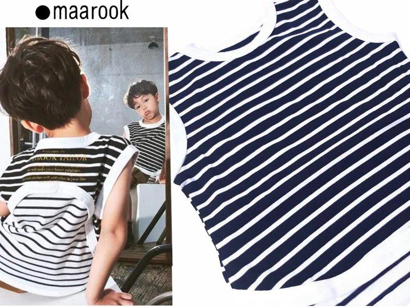 maarook「ボーダー柄アーチ切り替えフレンチスリーブタンクトップ」(90-130cm)  【メール便送料無料】の画像