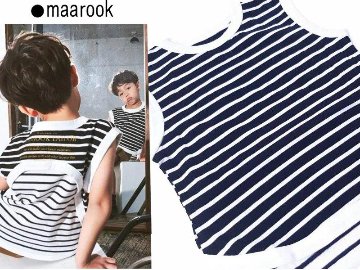 maarook「ボーダー柄アーチ切り替えフレンチスリーブタンクトップ」(90-130cm)  【メール便送料無料】の画像