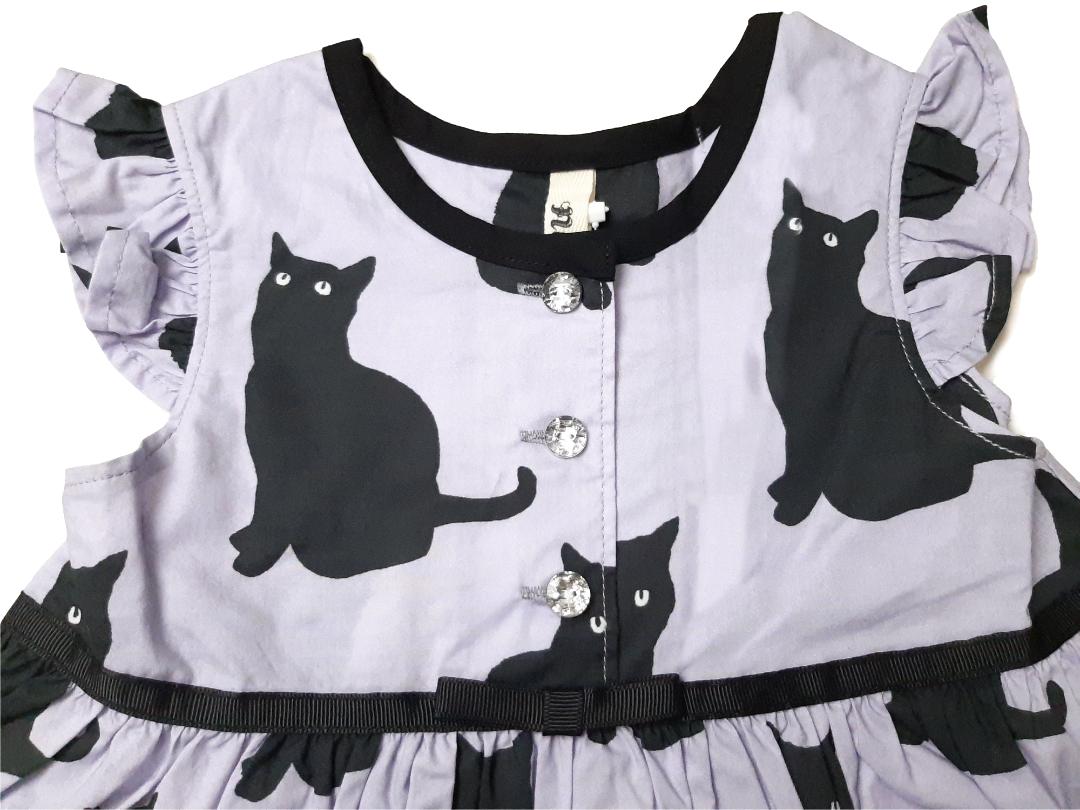 nino「くろねこプリントフレンチスリーブワンピース」(90-140cm) の画像