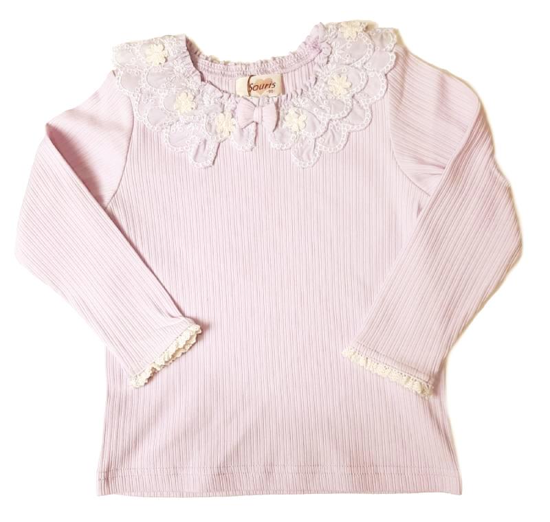 Souris(スーリー)「お花モチーフ付きスカラップフリル衿長袖カットソーブラウス」（80-90cm） メール便送料無料の画像