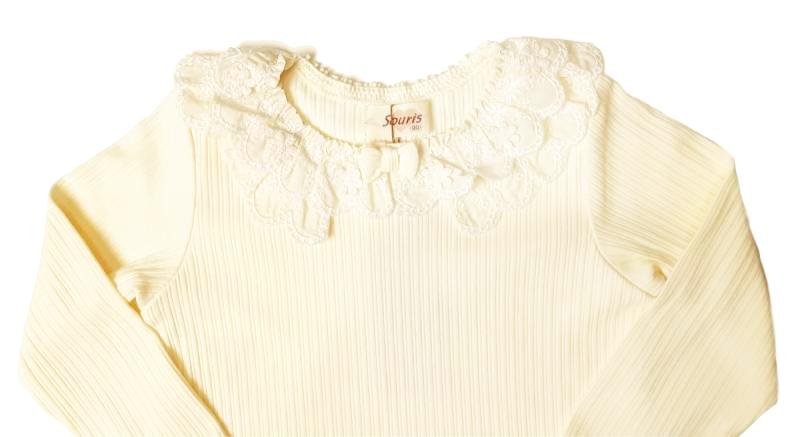 Souris(スーリー)「お花モチーフ付きスカラップフリル衿長袖カットソーブラウス」（80-90cm） メール便送料無料の画像