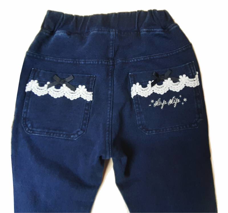 SLAP SLIP(スラップスリップ) 「レース＆リボン付きベルボトムデニムニットパンツ」(80-130cm) 【メール便送料198円対応】の画像