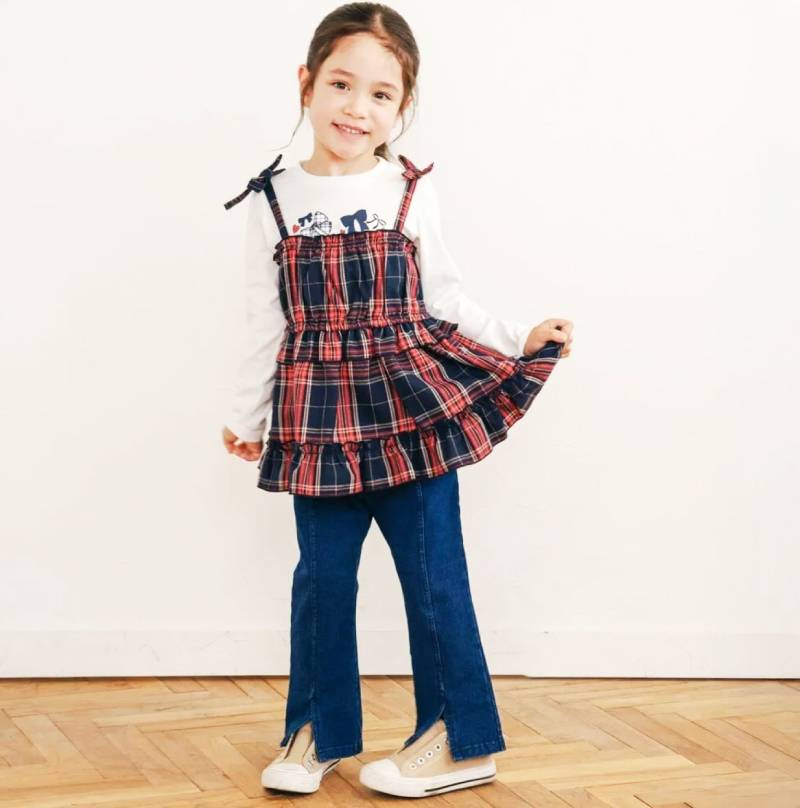 SLAP SLIP(スラップスリップ) 「レース＆リボン付きベルボトムデニムニットパンツ」(80-130cm) 【メール便送料198円対応】の画像