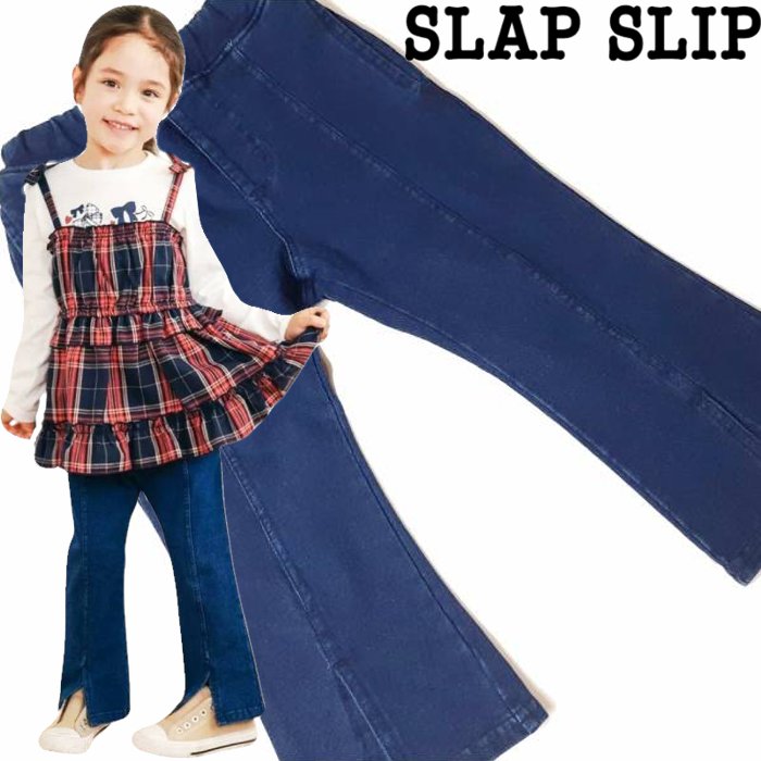 SLAP SLIP(スラップスリップ) 「レース＆リボン付きベルボトムデニムニットパンツ」(80-130cm) 【メール便送料198円対応】の画像