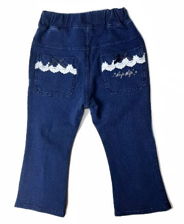 SLAP SLIP(スラップスリップ) 「レース＆リボン付きベルボトムデニムニットパンツ」(80-130cm) 【メール便送料198円対応】の画像