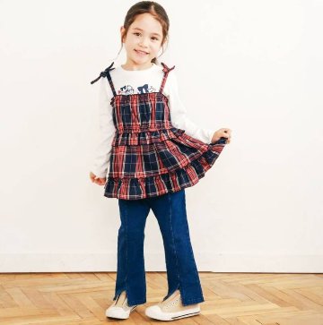 SLAP SLIP(スラップスリップ) 「レース＆リボン付きベルボトムデニムニットパンツ」(80-130cm) 【メール便送料198円対応】の画像