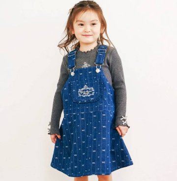 SLAP SLIP(スラップスリップ) 「リボンストライプ柄デニムジャンパースカート」(80-130cm) メール便対応の画像