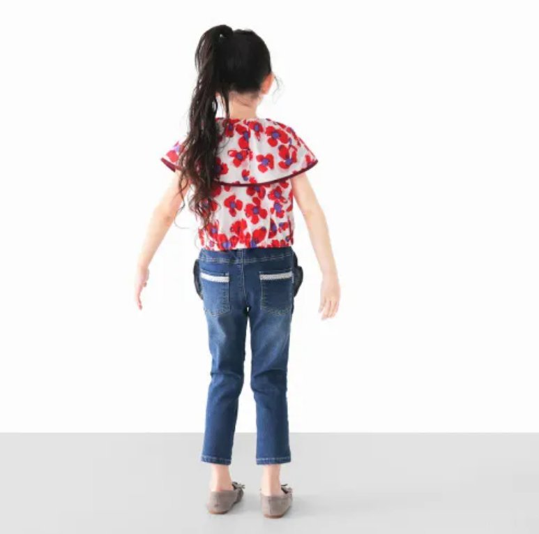 L.COPECK（エルコペック）「ハイストレッチ レース＆フリルデニムスキニーパンツ」(100-160cm)の画像