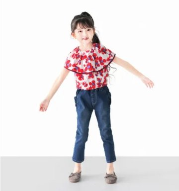 L.COPECK（エルコペック）「ハイストレッチ レース＆フリルデニムスキニーパンツ」(100-160cm)の画像