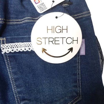 L.COPECK（エルコペック）「ハイストレッチ レース＆フリルデニムスキニーパンツ」(100-160cm)の画像