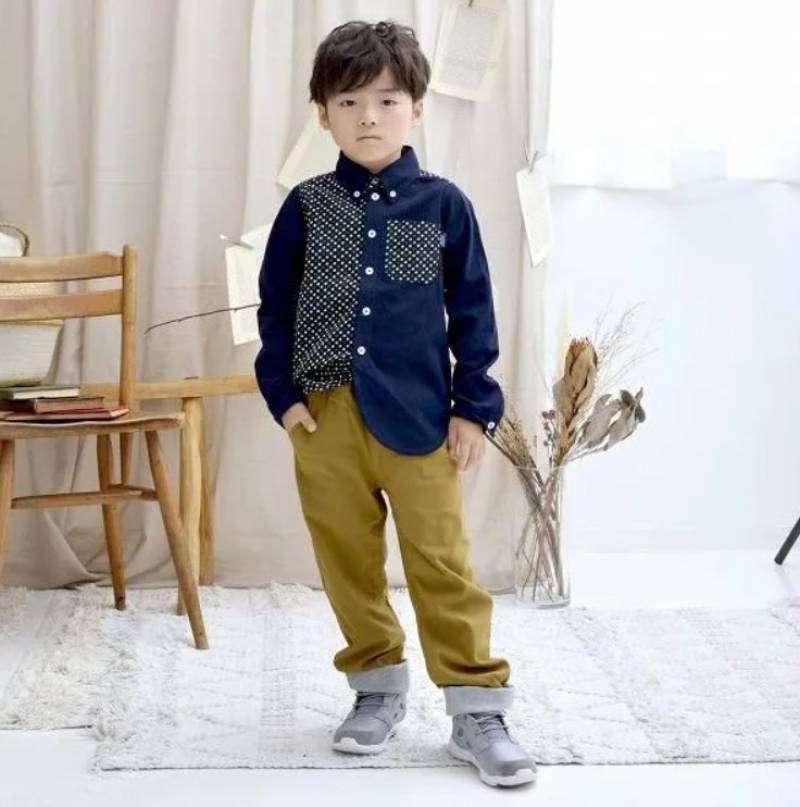 Tappet (タペット) 「ドット柄×無地切替コーデュロイシャツ」(100-130cm) 【メール便送料無料】の画像