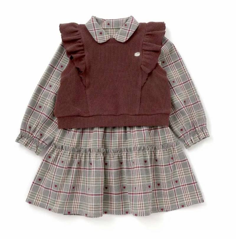 SLAP SLIP(スラップスリップ) 「ハートチェック柄ワンピース＋肩フリルベストセット」(100-130cm) の画像