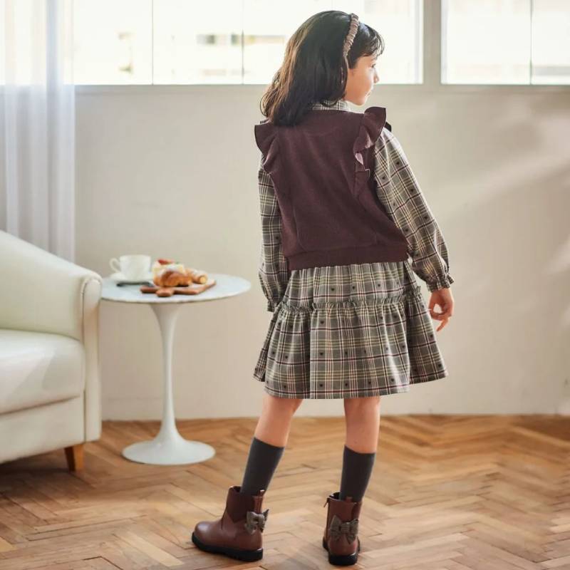 SLAP SLIP(スラップスリップ) 「ハートチェック柄ワンピース＋肩フリルベストセット」(100-130cm) の画像