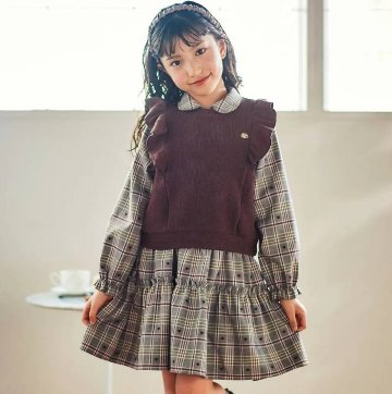 SLAP SLIP(スラップスリップ) 「ハートチェック柄ワンピース＋肩フリルベストセット」(100-130cm) の画像