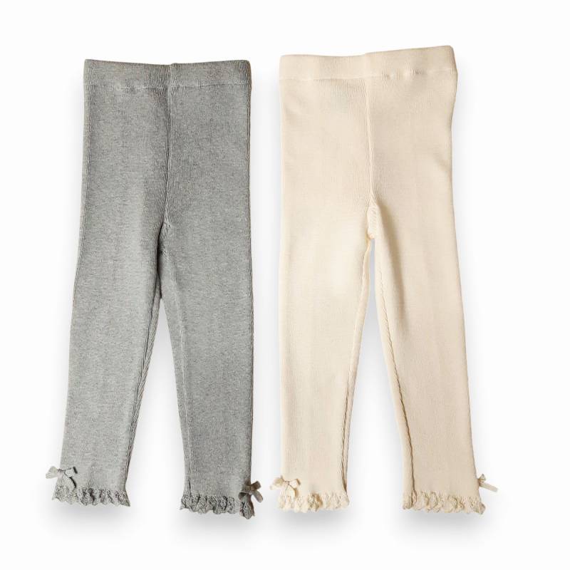 Souris(スーリー)「裾レース編み リボン付き 綿ニット スパッツ」（80-125cm） 【メール便送料無料】の画像