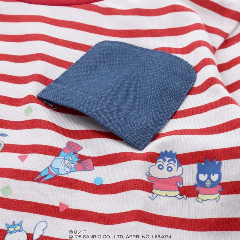 【原作クレヨンしんちゃん×はぴだんぶい×SLAPSLIP】デニムポケット付きバックプリントTシャツ(80-120cm)　【メール便送料198円対応】の画像