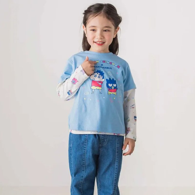 【原作クレヨンしんちゃん×はぴだんぶい×SLAPSLIP】「フロントプリント半袖Tシャツ+総柄長袖Tシャツ2点セット」(80~120cm)　【メール便送料198円対応】の画像