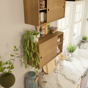 北欧スタイル　寝室収納　リビング収納　ホワイトオーク　フロート収納キャビネット（引き戸付き）、キッチンキャビネット　吊戸棚　インテリアの画像