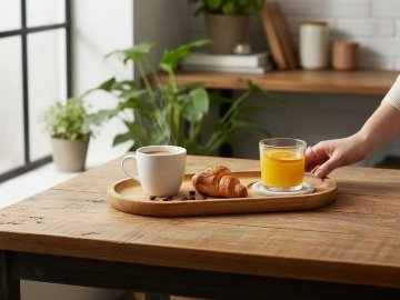 北欧風ブレックファースト＆コーヒートレイ　　ミニマル楕円形 | カップ安定木製サービング　木製コーヒーサービングボードボード　　　の画像