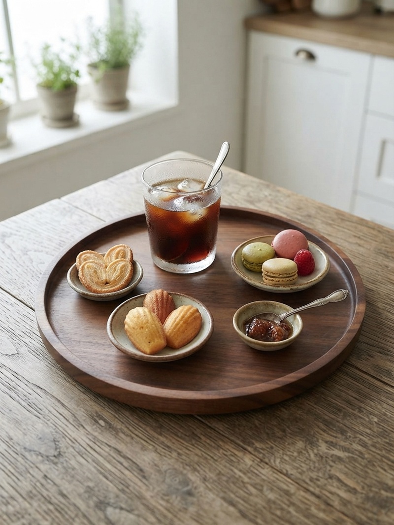 Mサイズ 皿 ウォルナット 胡桃 クルミ ゴールドクラフト 丸い 木 木製 手作り 食器 おしゃれ カフェ風 お盆 木のお皿の画像