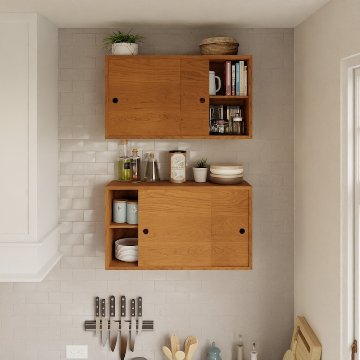 チェリー材　キッチンキャビネット引き戸付き　リビング 　寝室　コンパクト　お洒落な収納　取付簡単の画像