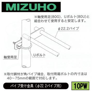 みづほ [ 10PW ] パイプ受金具／パイプ受け金具（φ22.2パイプ用） φ42.7～φ48.6　丸パイプ取付用、サイド2層（φ22.2パイプ用穴2穴）、UM ※取付鋼材の品種・規格を付記。の画像