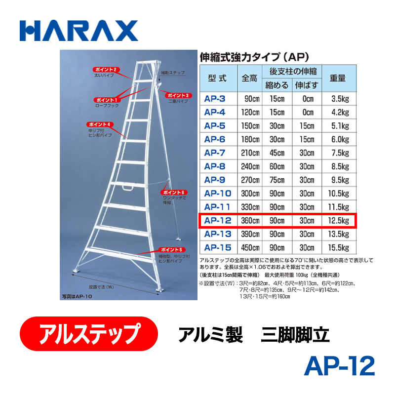 HARAX（ハラックス） アルステップ AP-12  アルミ製　三脚脚立 全高：360cmの画像