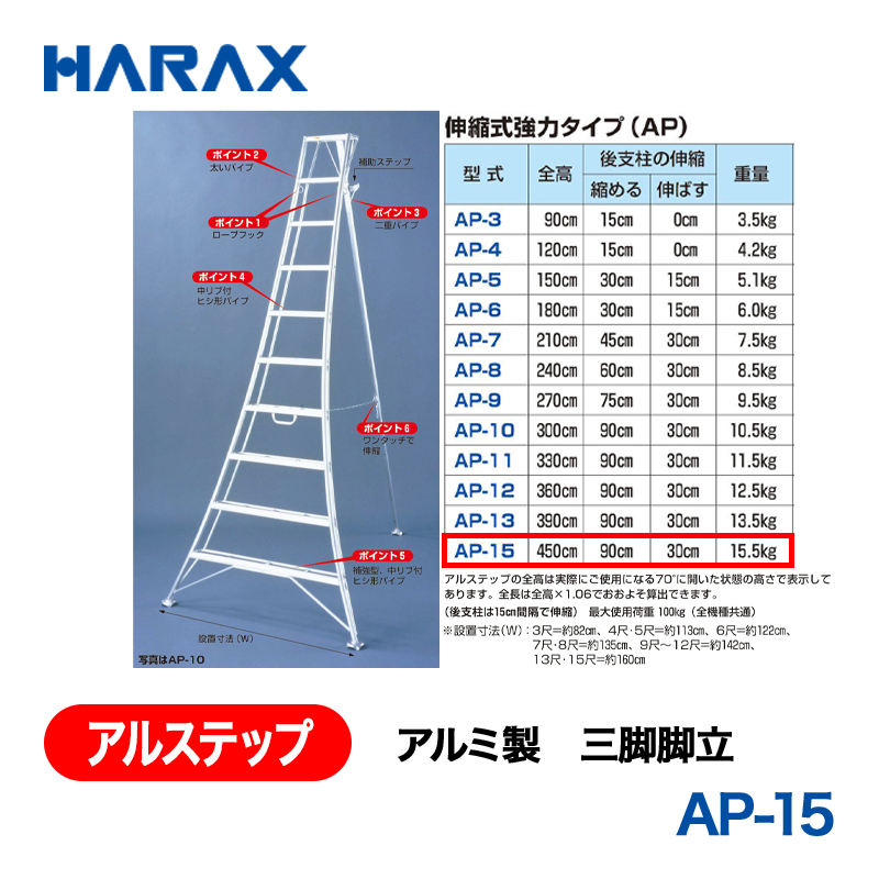 HARAX（ハラックス） アルステップ AP-15  アルミ製　三脚脚立 全高：450cmの画像