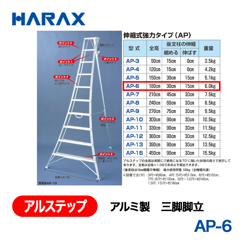 HARAX（ハラックス） アルステップ AP-6  アルミ製　三脚脚立 全高：180cmの画像