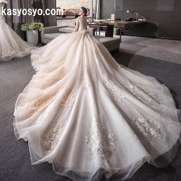 美しいバックラインレース ロングトレーン ウェディングドレス　袖付き　プリンセスラインの画像