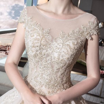 美しいバックラインレース ロングトレーン ウェディングドレス　袖付き　プリンセスラインの画像
