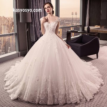 美しいバックハート ロングトレーン ウェディングドレス　ツーショルダー　プリンセスラインの画像