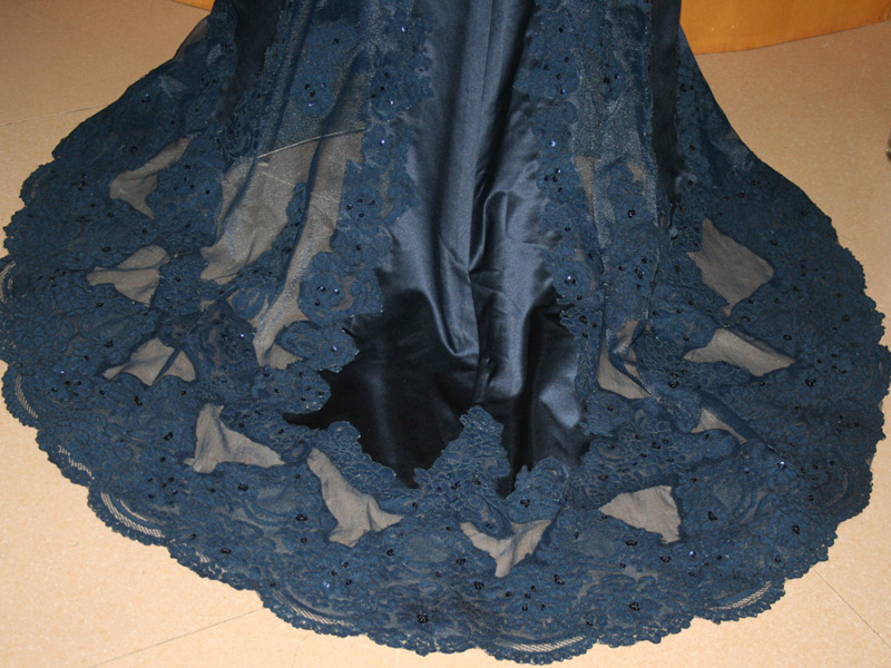 紺色　カラードレス　シースルートレーン　リボン装飾付マーメイドライン画像
