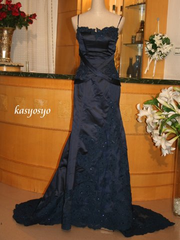 紺色　カラードレス　シースルートレーン　リボン装飾付マーメイドライン画像