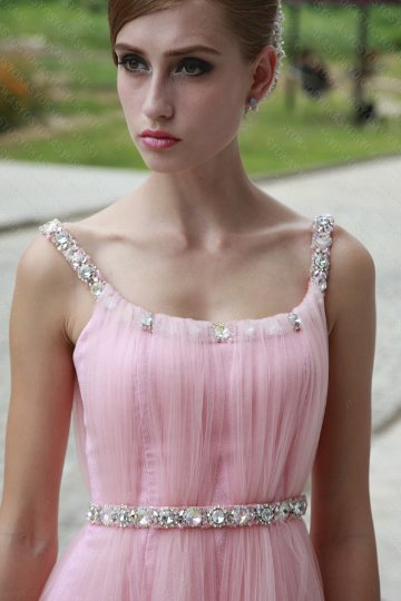 綺麗なビーズラインとふんだんに使ったチュールで上品に着こなすハイウエストパーティードレス ベビーピンク画像