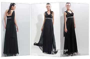 エンパイアラインパーティードレス　スカーフ飾りは縫い付けタイプ　黒　プリーツ画像