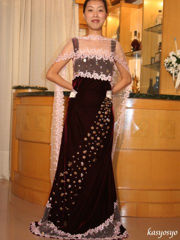 カラードレス飾り用ショール付き　ローズレッドベルベット　マーメイドライン画像