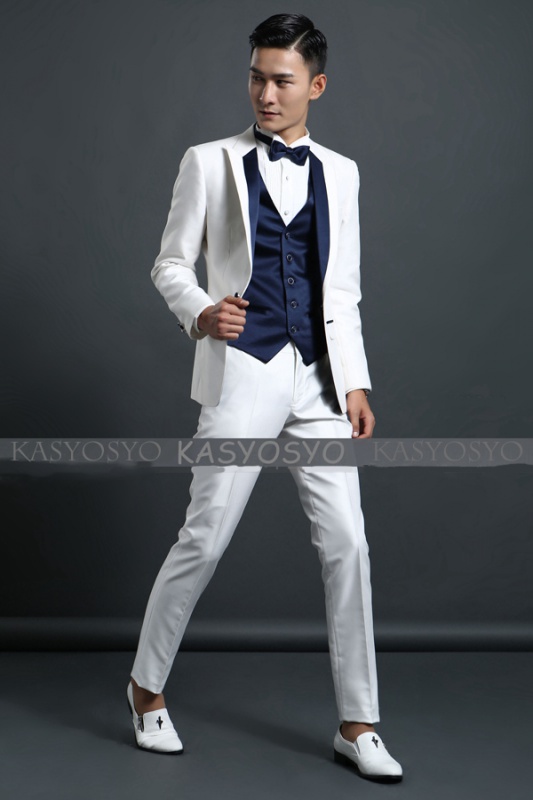 紺色と白のタキシードジャケット＆パンツ＆ポケットチーフ＆スカーフ＆ベスト5点セットの画像