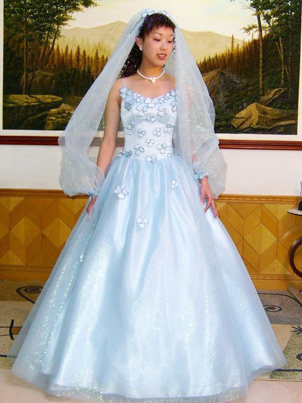 パーティードレス　ツーショルダー　プリンセスライン　ベール装飾共布で制作付属　水色の画像