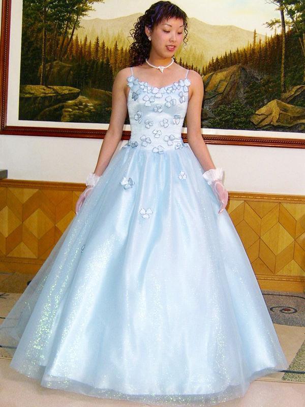 パーティードレス　ツーショルダー　プリンセスライン　ベール装飾共布で制作付属　水色の画像