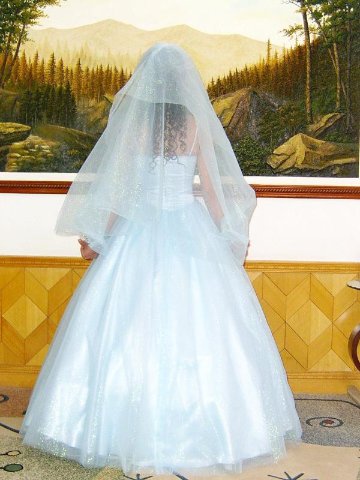 パーティードレス　ツーショルダー　プリンセスライン　ベール装飾共布で制作付属　水色の画像