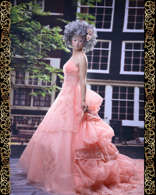 パーティードレス　バッスル　ツーショルダー　プリンセスライン　サーモンピンク　アップルグリーン　水色の画像