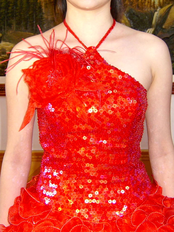 パーティードレス　ホルターネック　キラキラ手縫いスパンコール　プリンセスライン　赤画像