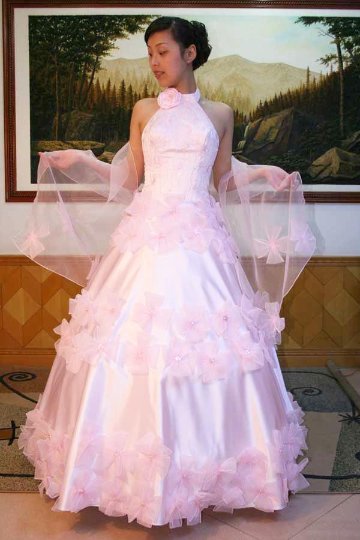 パーティードレス　ホルターネック　プリンセスライン　ベビーピンク　白　ショール別途３８００円で同梱可能画像
