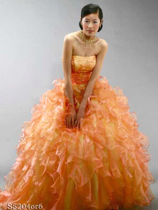 パーティードレス　ネオン色に変化するオーガンジー　緑　オレンジ　レッド　チョーカー付属の画像