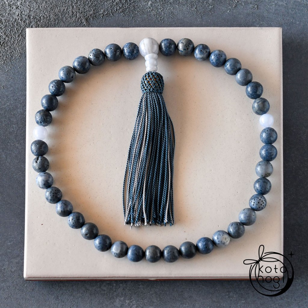 2wayお守り数珠「ふたえ」 パワーストーン ブルースポンジサンゴ 略式数珠【厄除け・癒し・子宝運・安産】の画像