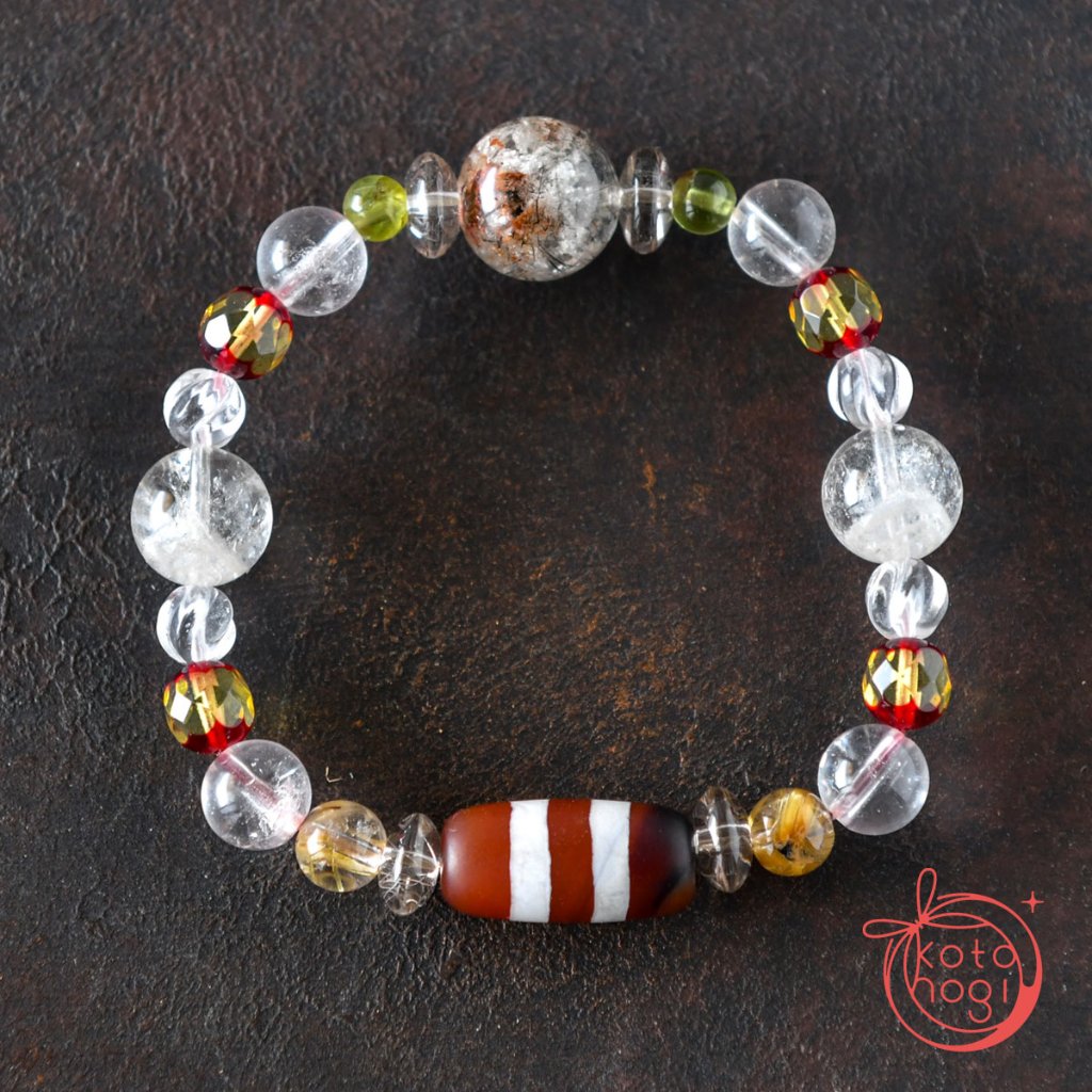 お守りブレスレット「祝り」 ブラックルチル入りガーデン スモーキールチルクォーツ ホワイトガーデンファントム ヘマタイトタイチンルチル【金運アップ・仕事運・商売繁盛】の画像