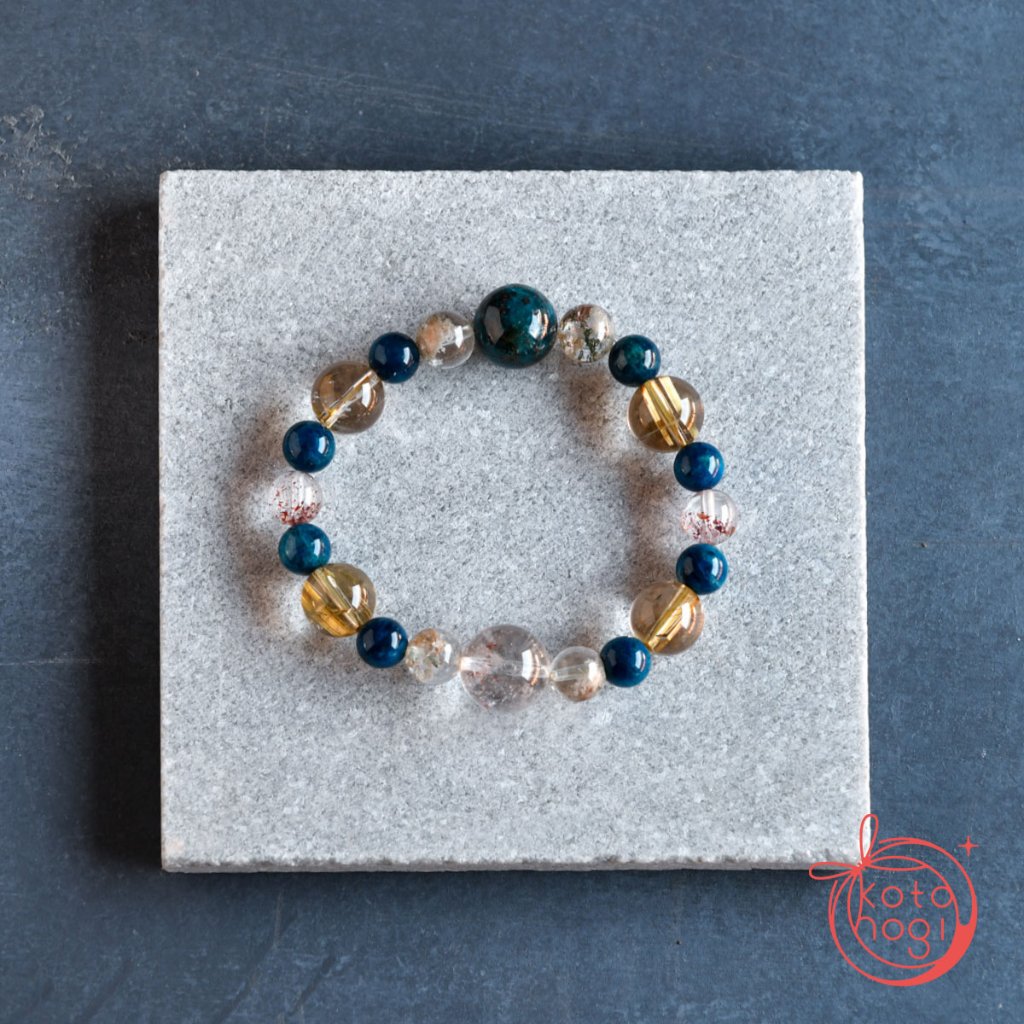 お守りブレスレット「祝り」 ブルーハックマナイト タイチンルチル ファイヤークォーツ 【人間関係・コミュニケーション・仕事運・前向き・ポジティブ】の画像