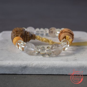 九尾の狐と稲荷面のお守りブレスレット「甘露」檀香樹 柘植 ハニーアンバー バルティックアンバー デンドリティッククォーツ レモンクォーツの画像